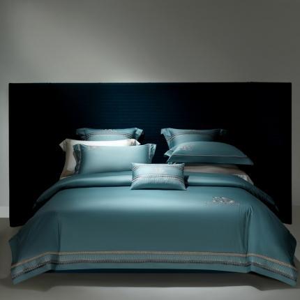 91家纺网 家纺一手货源 找家纺 高大尚 2023新款长绒棉高端绣花四件套贝拉 极光蓝