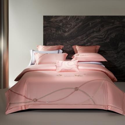 91家纺网 家纺一手货源 找家纺 高大尚 2023新款长绒棉高端绣花四件套兰瑞莎 落樱粉