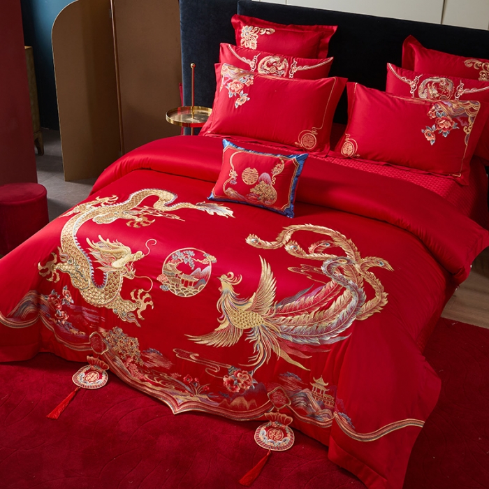 91家纺网 家纺一手货源 找家纺 2024新款高支高密纯棉提花长绒棉大红婚庆四件套多件套 龙凤情缘