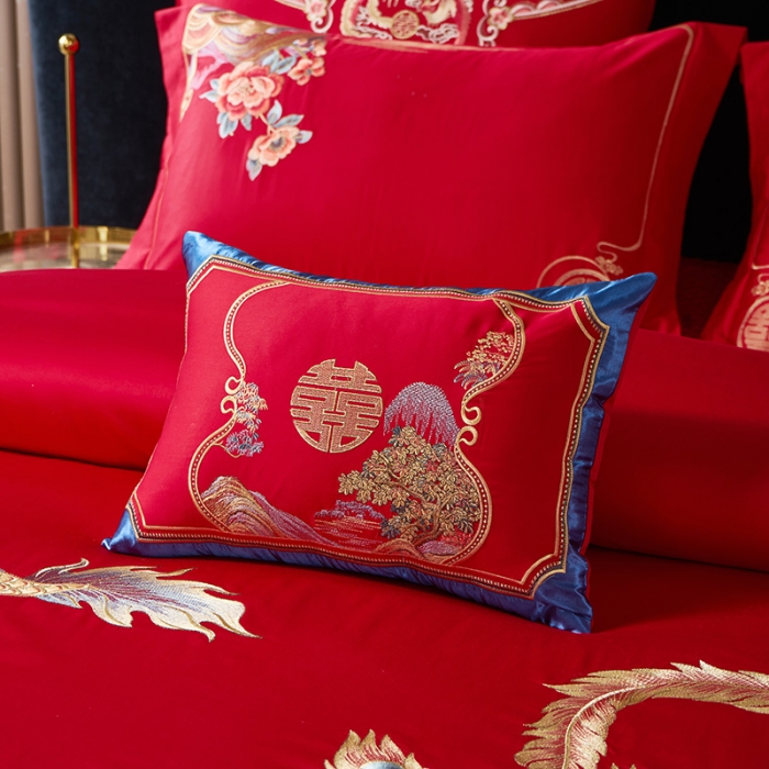 91家纺网 家纺一手货源 找家纺 2024新款高支高密纯棉提花长绒棉大红婚庆四件套多件套 龙凤情缘