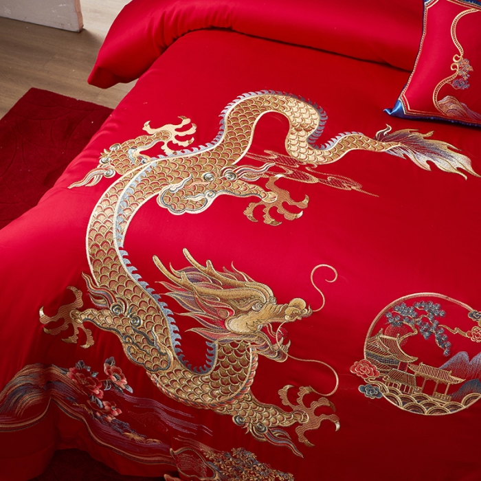91家纺网 家纺一手货源 找家纺 2024新款高支高密纯棉提花长绒棉大红婚庆四件套多件套 龙凤情缘