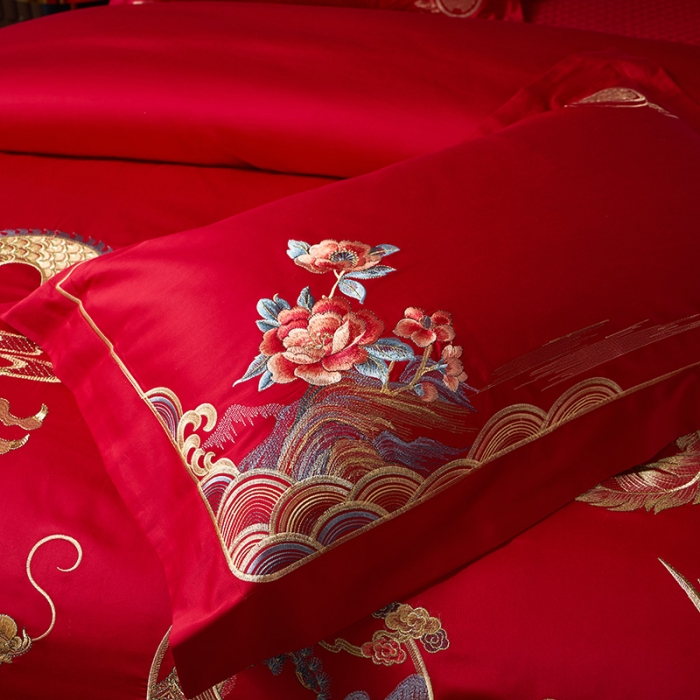 91家纺网 家纺一手货源 找家纺 2024新款高支高密纯棉提花长绒棉大红婚庆四件套多件套 龙凤情缘
