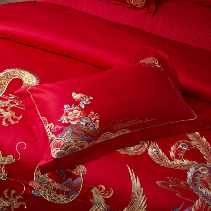 91家纺网 家纺一手货源 找家纺 2024新款高支高密纯棉提花长绒棉大红婚庆四件套多件套 龙凤情缘