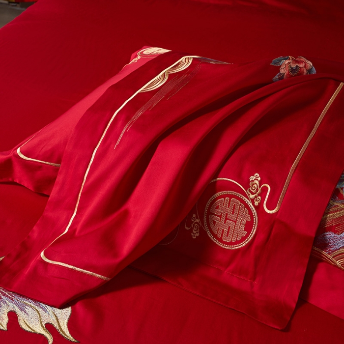 91家纺网 家纺一手货源 找家纺 2024新款高支高密纯棉提花长绒棉大红婚庆四件套多件套 龙凤情缘