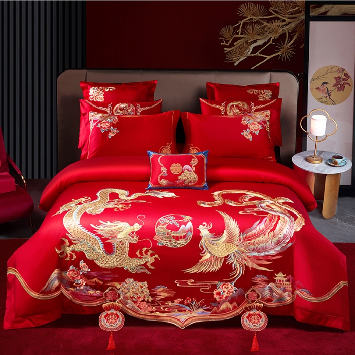91家纺网 家纺一手货源 找家纺 2024新款高支高密纯棉提花长绒棉大红婚庆四件套多件套 龙凤情缘