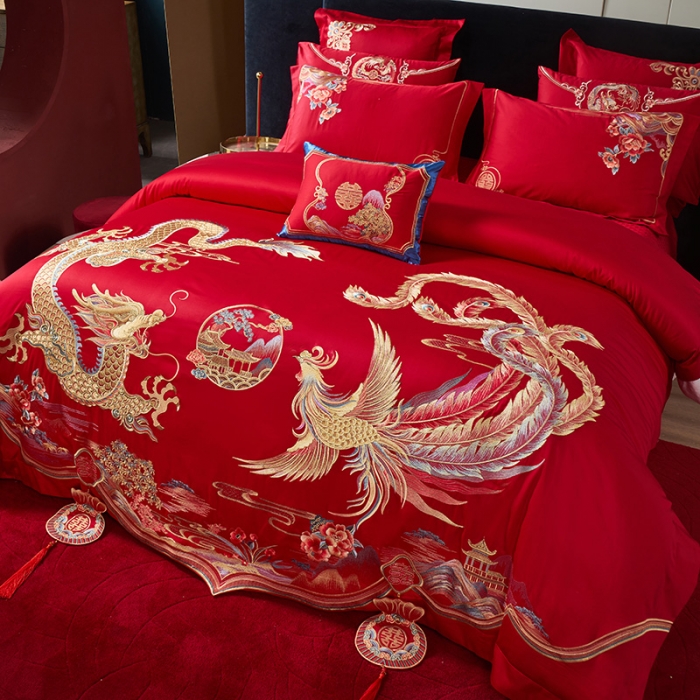 91家纺网 家纺一手货源 找家纺 2024新款高支高密纯棉提花长绒棉大红婚庆四件套多件套 龙凤情缘