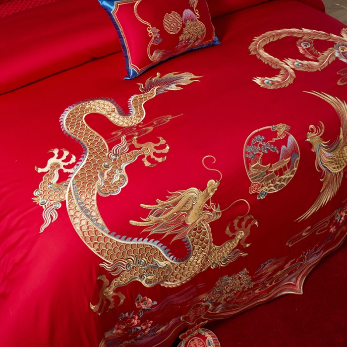 91家纺网 家纺一手货源 找家纺 2024新款高支高密纯棉提花长绒棉大红婚庆四件套多件套 龙凤情缘