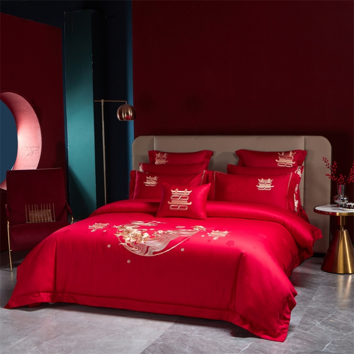 91家纺网 家纺一手货源 找家纺 2024新款高支高密纯棉提花长绒棉大红婚庆四件套多件套 喜上眉梢-金