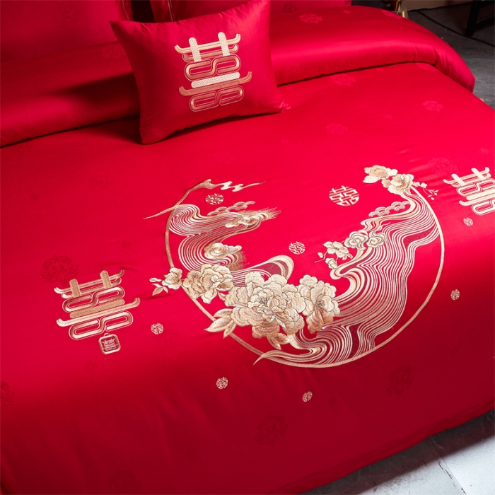 91家纺网 家纺一手货源 找家纺 2024新款高支高密纯棉提花长绒棉大红婚庆四件套多件套 喜上眉梢-金