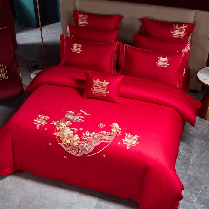 91家纺网 家纺一手货源 找家纺 2024新款高支高密纯棉提花长绒棉大红婚庆四件套多件套 喜上眉梢-金