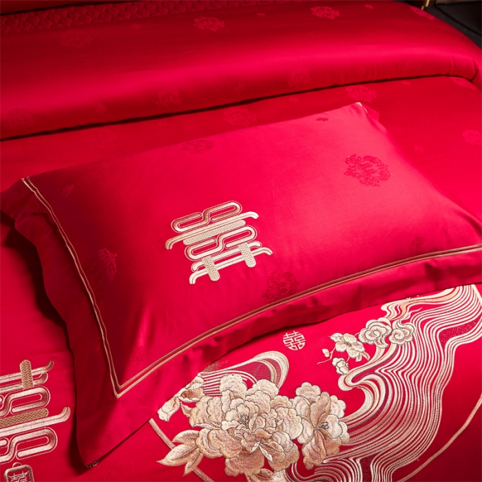 91家纺网 家纺一手货源 找家纺 2024新款高支高密纯棉提花长绒棉大红婚庆四件套多件套 喜上眉梢-金