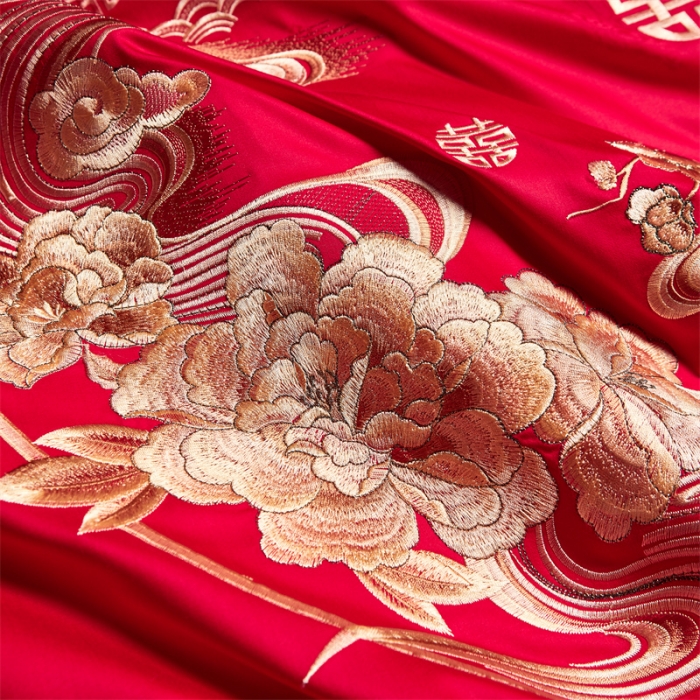 91家纺网 家纺一手货源 找家纺 2024新款高支高密纯棉提花长绒棉大红婚庆四件套多件套 喜上眉梢-金