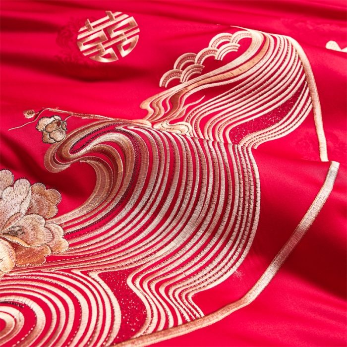 91家纺网 家纺一手货源 找家纺 2024新款高支高密纯棉提花长绒棉大红婚庆四件套多件套 喜上眉梢-金