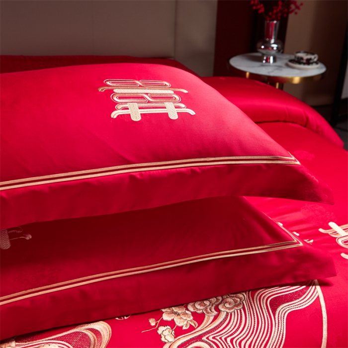 91家纺网 家纺一手货源 找家纺 2024新款高支高密纯棉提花长绒棉大红婚庆四件套多件套 喜上眉梢-金