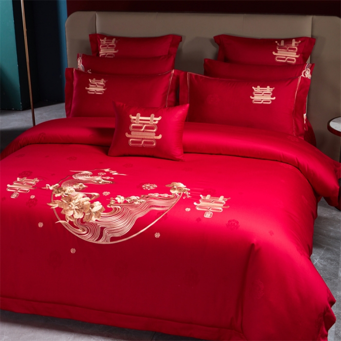 91家纺网 家纺一手货源 找家纺 2024新款高支高密纯棉提花长绒棉大红婚庆四件套多件套 喜上眉梢-金