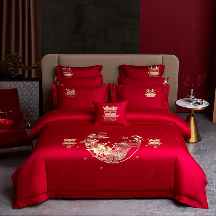 91家纺网 家纺一手货源 找家纺 2024新款高支高密纯棉提花长绒棉大红婚庆四件套多件套 喜上眉梢-金