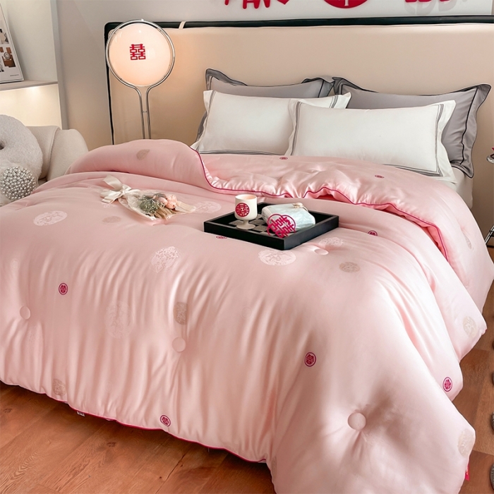 91家纺网 家纺一手货源 找家纺 A+爱家 2024新款100支天丝棉龙凤双喜婚庆被 龙凤双喜-粉色