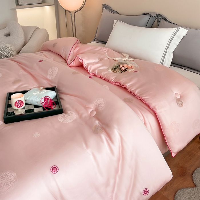 91家纺网 家纺一手货源 找家纺 A+爱家 2024新款100支天丝棉龙凤双喜婚庆被 龙凤双喜-粉色