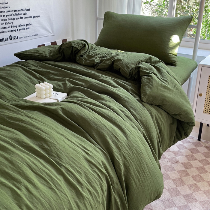 91家纺网 家纺一手货源 找家纺 水墨江南 2023新款超柔水洗棉褶皱款学生床三件套 橄榄色