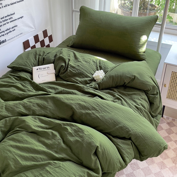 91家纺网 家纺一手货源 找家纺 水墨江南 2023新款超柔水洗棉褶皱款学生床三件套 橄榄色