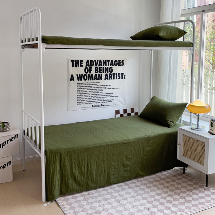 91家纺网 家纺一手货源 找家纺 水墨江南 2023新款超柔水洗棉褶皱款学生床三件套 橄榄色