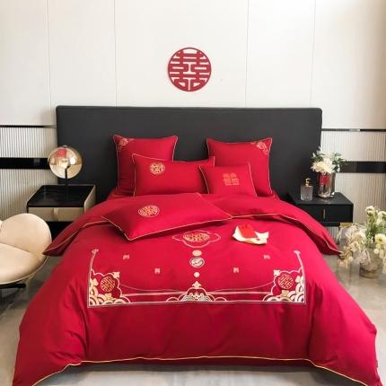 91家纺网 家纺一手货源 找家纺 佳汐蓝 2023新款秋冬婚庆全棉刺绣四件套 誓言