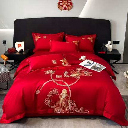 91家纺网 家纺一手货源 找家纺 （总）金麦 2023新款喷气全棉刺绣婚庆系列四件套