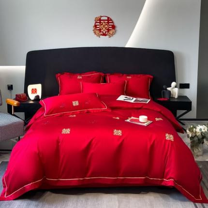 91家纺网 家纺一手货源 找家纺 （总）金麦 2023新款喷气全棉刺绣婚庆系列四件套