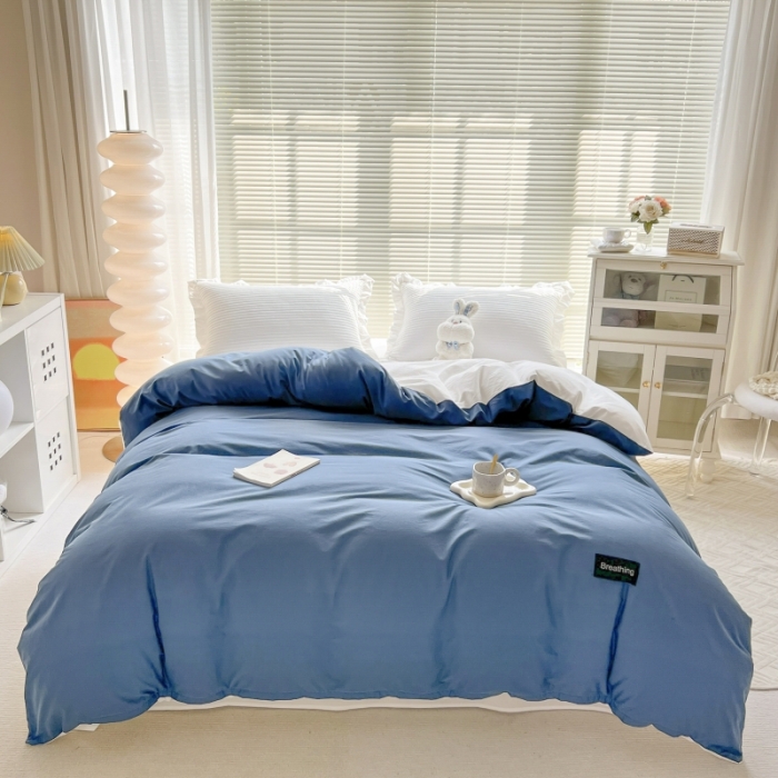 91家纺网 家纺一手货源 找家纺 绵庭家纺 2023新款全棉水洗棉拼色单被套 冰月蓝+贵族白