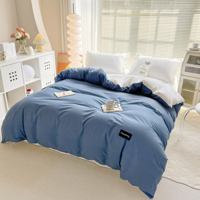 91家纺网 家纺一手货源 找家纺 绵庭家纺 2023新款全棉水洗棉拼色单被套 冰月蓝+贵族白