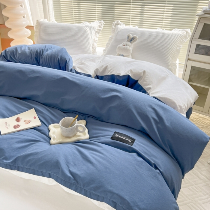 91家纺网 家纺一手货源 找家纺 绵庭家纺 2023新款全棉水洗棉拼色单被套 冰月蓝+贵族白