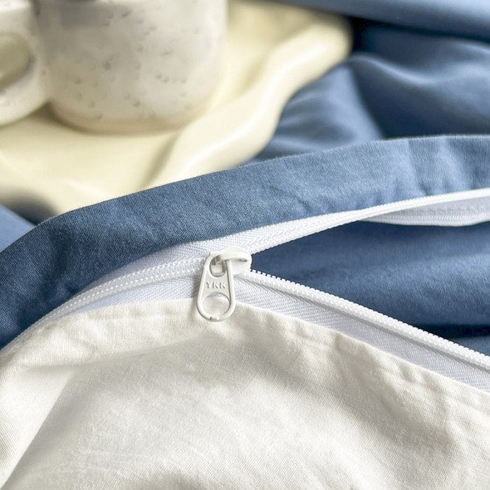 91家纺网 家纺一手货源 找家纺 绵庭家纺 2023新款全棉水洗棉拼色单被套 冰月蓝+贵族白