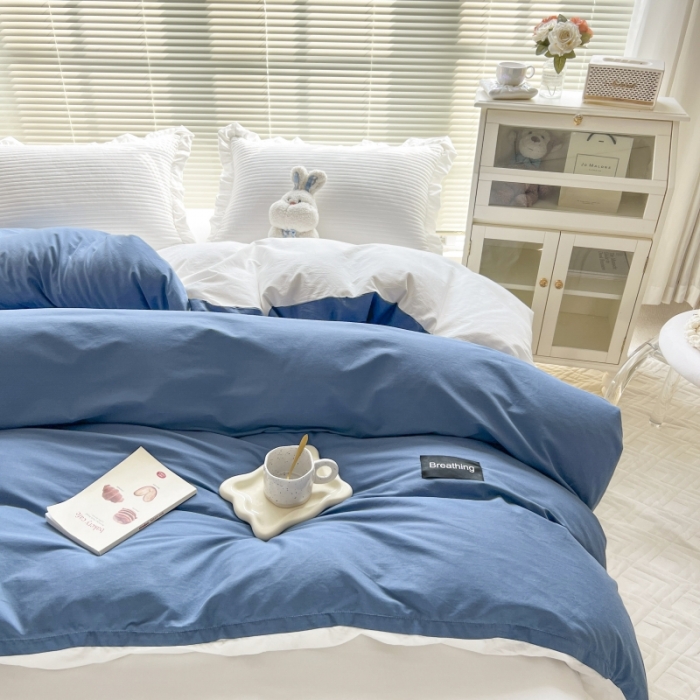 91家纺网 家纺一手货源 找家纺 绵庭家纺 2023新款全棉水洗棉拼色单被套 冰月蓝+贵族白