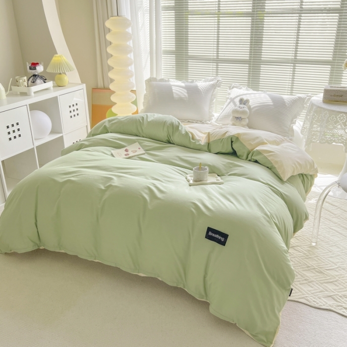 91家纺网 家纺一手货源 找家纺 绵庭家纺 2023新款全棉水洗棉拼色单被套 果绿+冰心