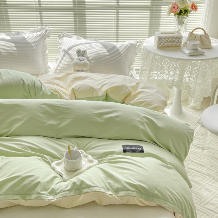 91家纺网 家纺一手货源 找家纺 绵庭家纺 2023新款全棉水洗棉拼色单被套 果绿+冰心