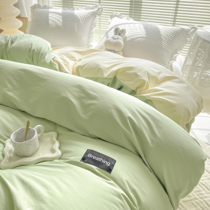 91家纺网 家纺一手货源 找家纺 绵庭家纺 2023新款全棉水洗棉拼色单被套 果绿+冰心