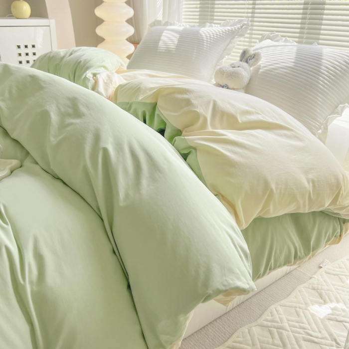 91家纺网 家纺一手货源 找家纺 绵庭家纺 2023新款全棉水洗棉拼色单被套 果绿+冰心