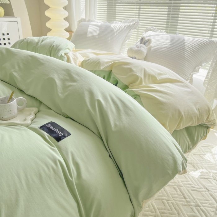 91家纺网 家纺一手货源 找家纺 绵庭家纺 2023新款全棉水洗棉拼色单被套 果绿+冰心