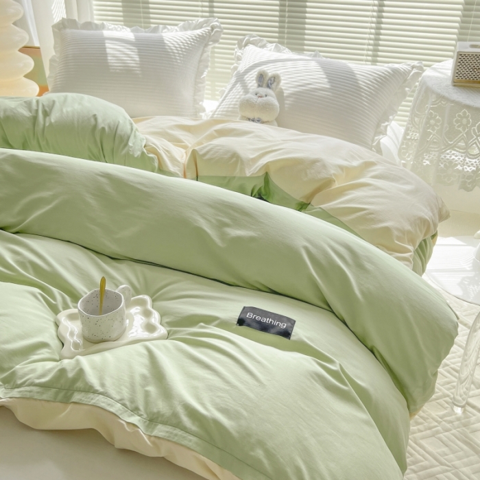 91家纺网 家纺一手货源 找家纺 绵庭家纺 2023新款全棉水洗棉拼色单被套 果绿+冰心
