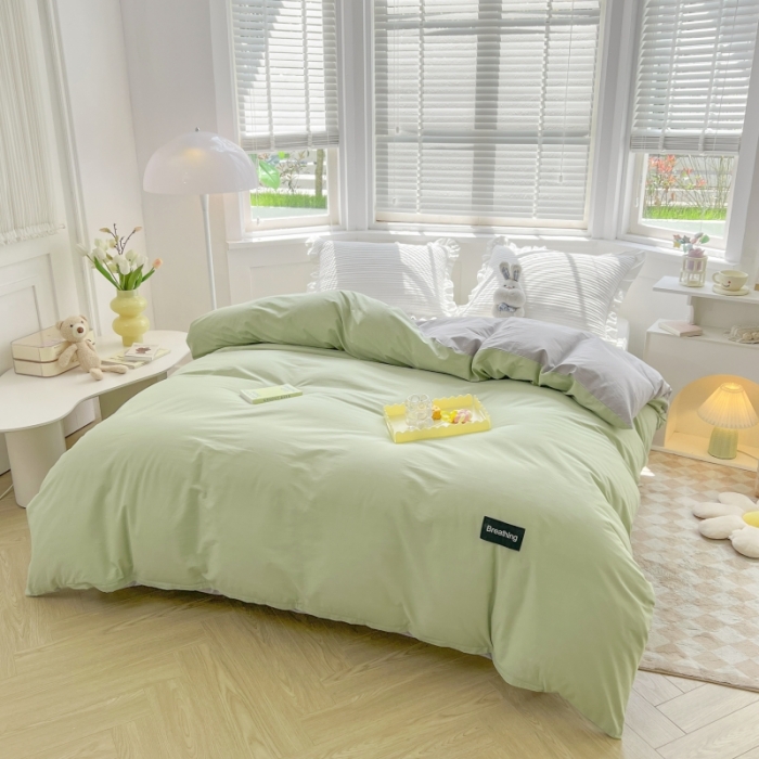 91家纺网 家纺一手货源 找家纺 绵庭家纺 2023新款全棉水洗棉拼色单被套 果绿+绅士灰