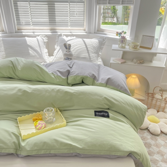 91家纺网 家纺一手货源 找家纺 绵庭家纺 2023新款全棉水洗棉拼色单被套 果绿+绅士灰