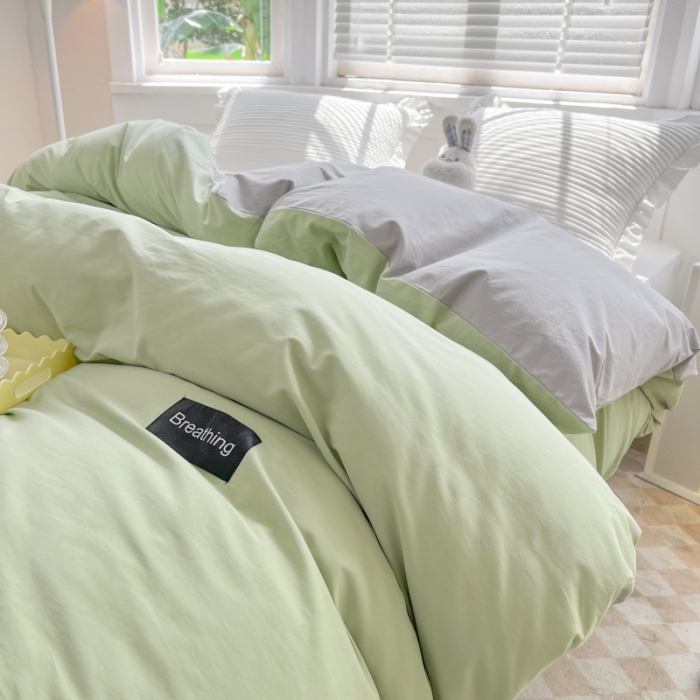 91家纺网 家纺一手货源 找家纺 绵庭家纺 2023新款全棉水洗棉拼色单被套 果绿+绅士灰