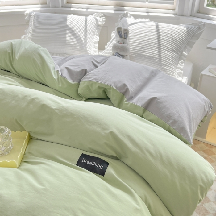 91家纺网 家纺一手货源 找家纺 绵庭家纺 2023新款全棉水洗棉拼色单被套 果绿+绅士灰