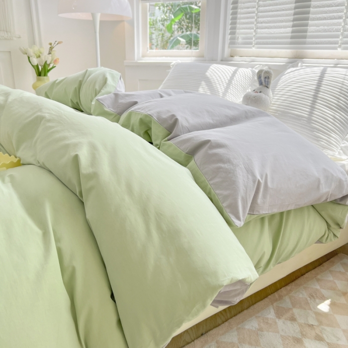 91家纺网 家纺一手货源 找家纺 绵庭家纺 2023新款全棉水洗棉拼色单被套 果绿+绅士灰