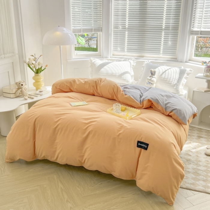 91家纺网 家纺一手货源 找家纺 绵庭家纺 2023新款全棉水洗棉拼色单被套 桔色+绅士灰
