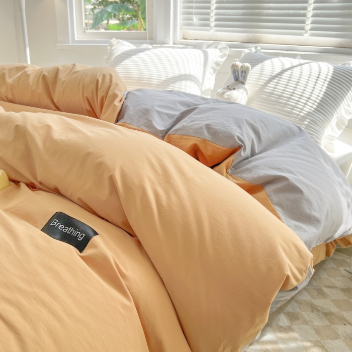 91家纺网 家纺一手货源 找家纺 绵庭家纺 2023新款全棉水洗棉拼色单被套 桔色+绅士灰