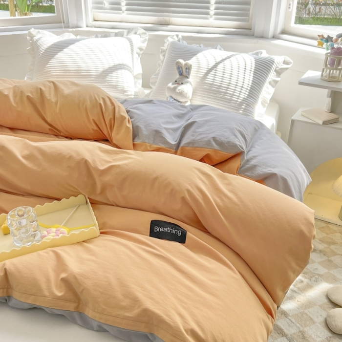 91家纺网 家纺一手货源 找家纺 绵庭家纺 2023新款全棉水洗棉拼色单被套 桔色+绅士灰