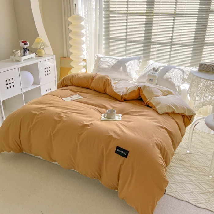 91家纺网 家纺一手货源 找家纺 绵庭家纺 2023新款全棉水洗棉拼色单被套 南瓜+卡其