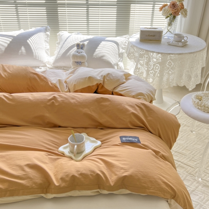 91家纺网 家纺一手货源 找家纺 绵庭家纺 2023新款全棉水洗棉拼色单被套 南瓜+卡其