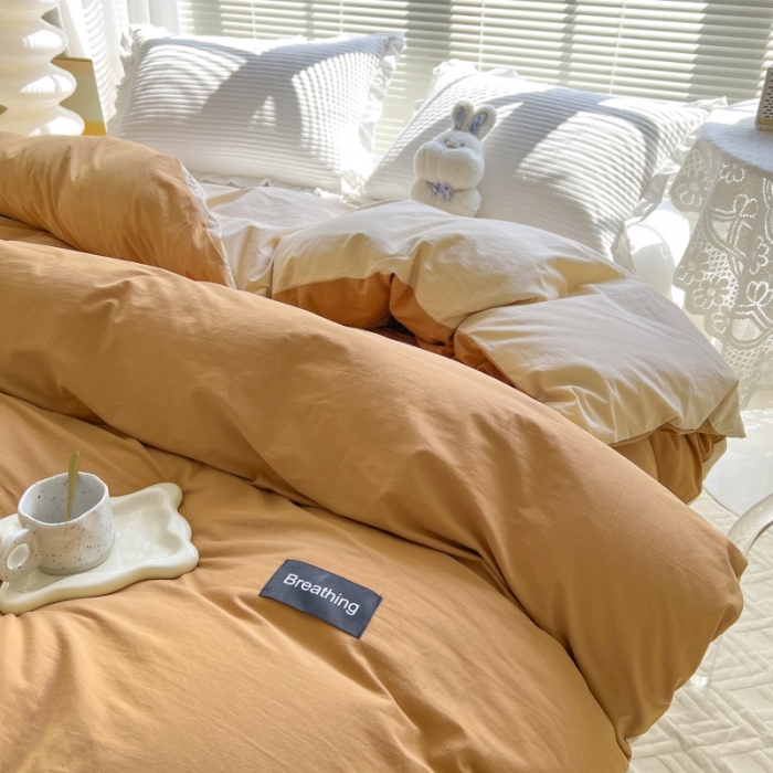 91家纺网 家纺一手货源 找家纺 绵庭家纺 2023新款全棉水洗棉拼色单被套 南瓜+卡其